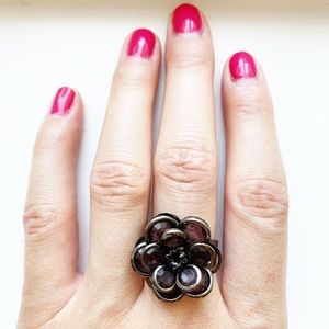 Gunmetal & pink-gray gemstone flower ring